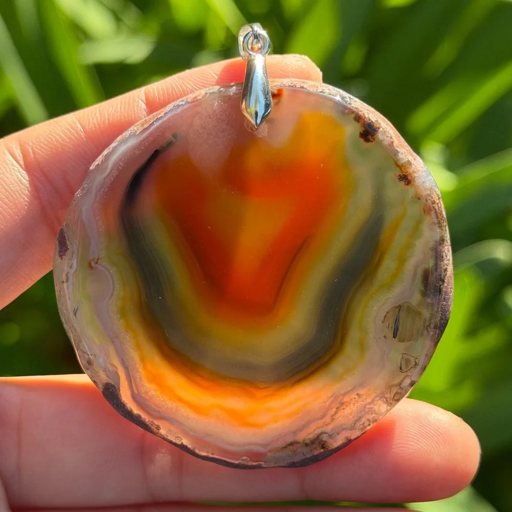 Sterling silver 925 stamped red brown banded agate pendant 0728‎